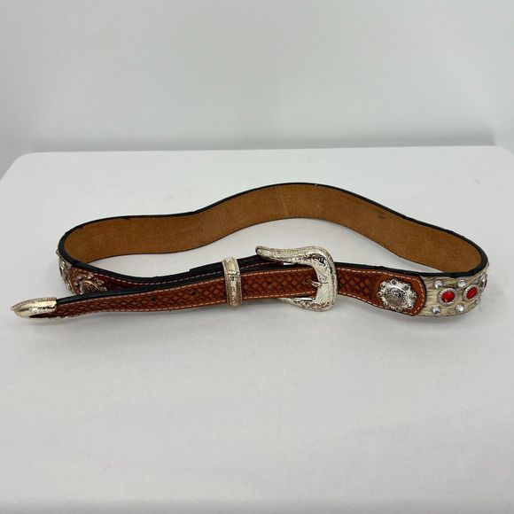 3-D western belt 28 calf hair gems crystals DDD silver hardware red leather - Picture 12 of 13